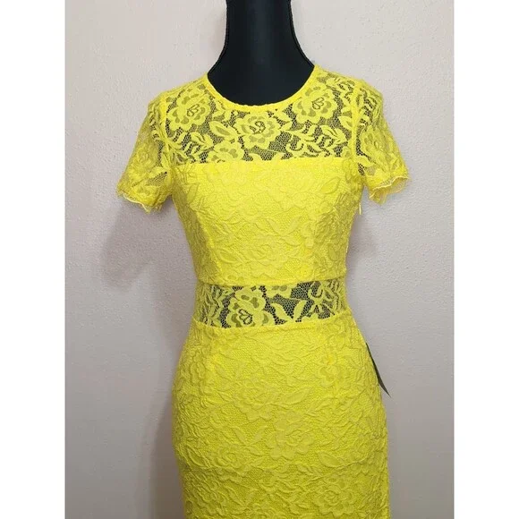 Nordstrom Yellow Floral Lace Midi Dress Short Sleeve Occasion Size XSmall - Picture 3 of 13